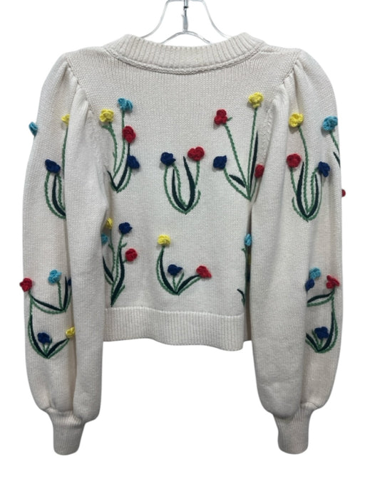 Alice + Olivia Size XS Ivory & Multi Cotton 3d Floral Detail Knit Sweater Ivory & Multi / XS