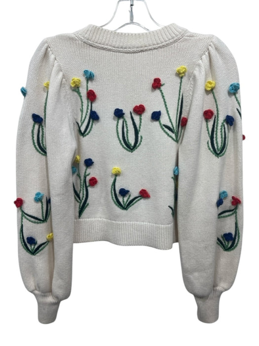 Alice + Olivia Size XS Ivory & Multi Cotton 3d Floral Detail Knit Sweater Ivory & Multi / XS