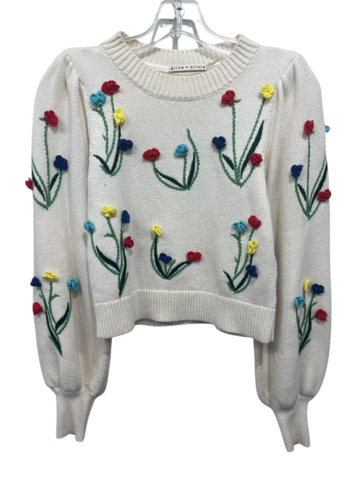 Alice + Olivia Size XS Ivory & Multi Cotton 3d Floral Detail Knit Sweater Ivory & Multi / XS