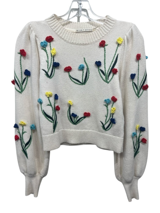 Alice + Olivia Size XS Ivory & Multi Cotton 3d Floral Detail Knit Sweater Ivory & Multi / XS