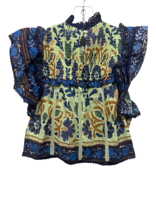 Farm Rio Size XS Blue & Multi Cotton Keyhole Back Sleeveless Printed Top Blue & Multi / XS