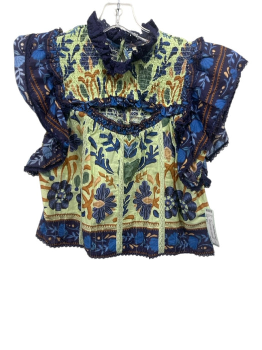 Farm Rio Size XS Blue & Multi Cotton Keyhole Back Sleeveless Printed Top Blue & Multi / XS