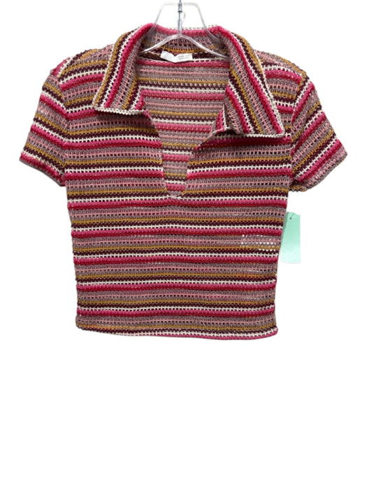 Zara Size S Red & Multi Poly Blend Open Knit Collared V Neck Stripe Short Set Red & Multi / S