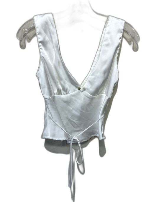 Nia Size S White polyester satin Lace Trim Rosette V Neck Tie Back Top White / S