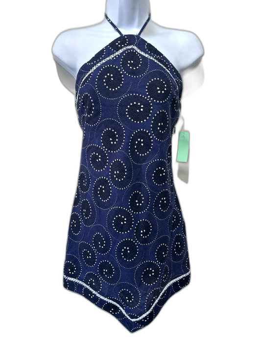 Staud Size xs / 2 Navy Blue & White Linen Dot Print Swirl Halter Tie Dress Navy Blue & White / xs / 2
