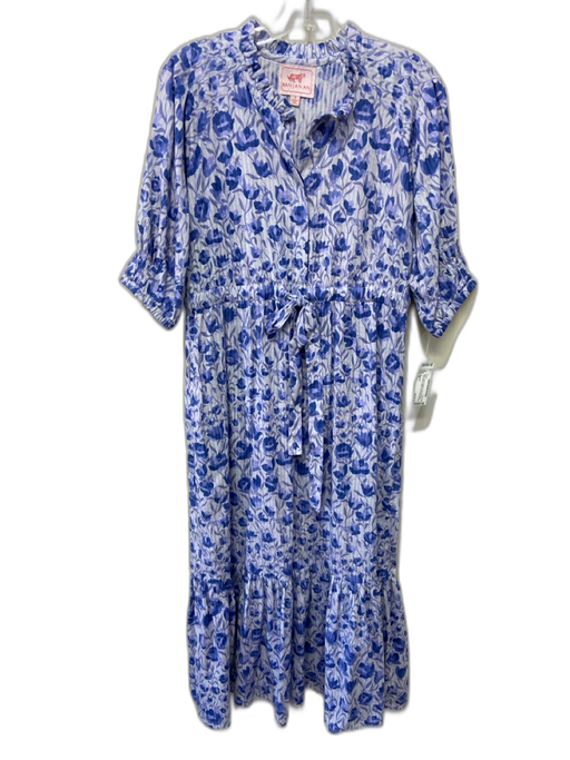Banjanan Size S Blue Cotton Floral & Leaf Print Short Puff Sleeve Dress Blue / S