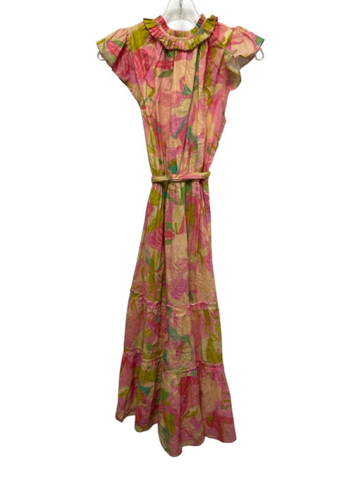 Bella Tu Size S Pink, Green, Multi Cotton Ruffle Cap Sleeve Abstract Print Dress Pink, Green, Multi / S