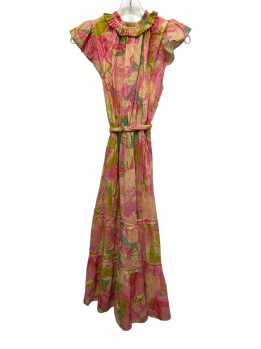 Bella Tu Size S Pink, Green, Multi Cotton Ruffle Cap Sleeve Abstract Print Dress Pink, Green, Multi / S