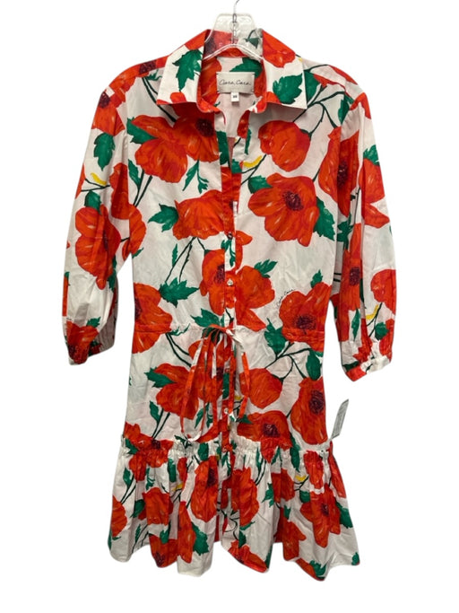 Cara Cara Size XS Red, Green, White Cotton Puff 1/2 Sleeve Floral Print Dress Red, Green, White / XS