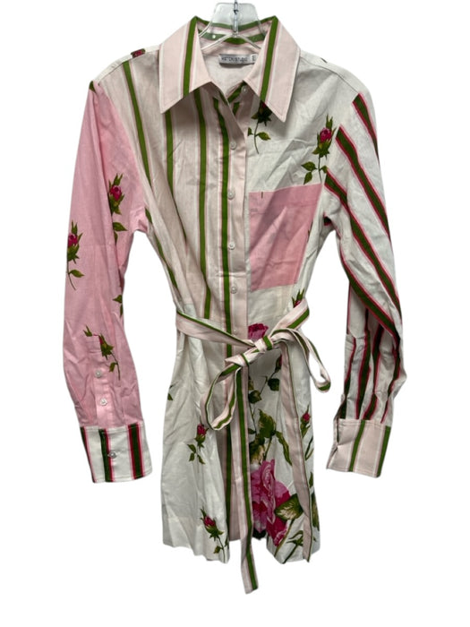 Aston Studio Size 4 Pink, Green, White Linen & Cotton Long Sleeve Buttons Dress Pink, Green, White / 4