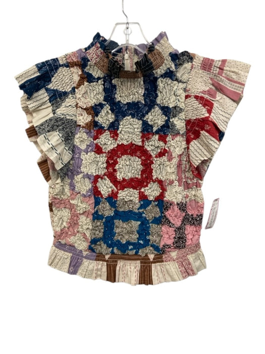 Sea New York Size M White & Multi Cotton Flutter Cap sleeve high neck Top White & Multi / M