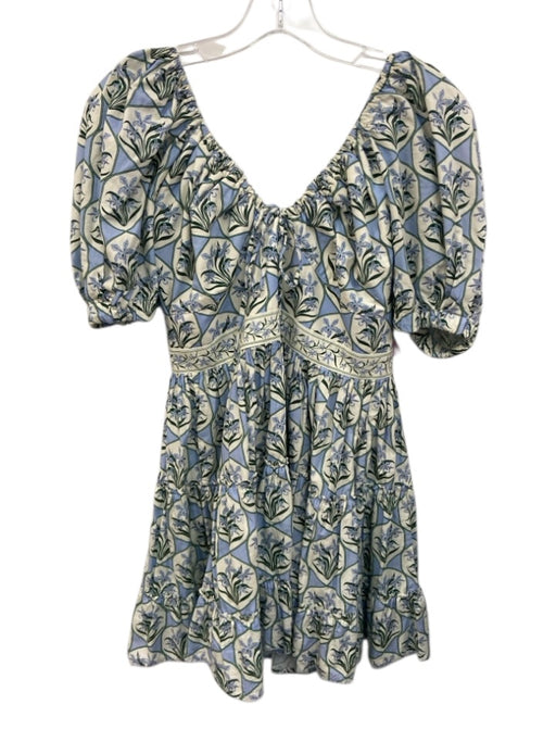 Agua by Agua Bendita Size M Blue, Green, White Cotton Balloon Half Sleeve Dress Blue, Green, White / M