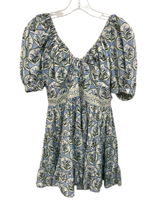 Agua by Agua Bendita Size M Blue, Green, White Cotton Balloon Half Sleeve Dress Blue, Green, White / M