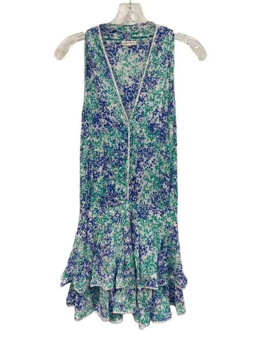 Poupette St. Barth Size M White, Blue & Teal Viscose Sleeveless V Neck Dress White, Blue & Teal / M