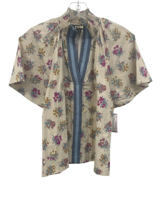 THML Size XS Cream Beige & Multi Cotton Short Sleeve V Neck Shirred Collar Top Cream Beige & Multi / XS
