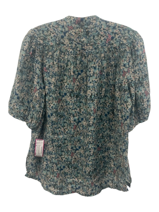 Trovata Birds of Paradis Size XS Teal Blue & Pink Ramie Blend V Neck Floral Top Teal Blue & Pink / XS