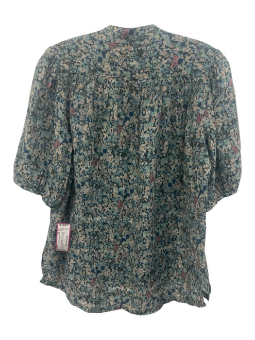 Trovata Birds of Paradis Size XS Teal Blue & Pink Ramie Blend V Neck Floral Top Teal Blue & Pink / XS
