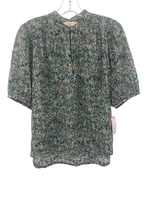 Trovata Birds of Paradis Size XS Teal Blue & Pink Ramie Blend V Neck Floral Top Teal Blue & Pink / XS