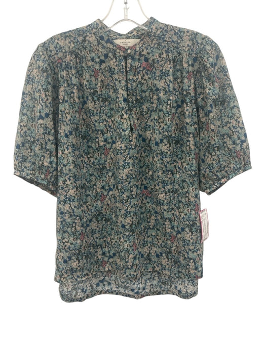 Trovata Birds of Paradis Size XS Teal Blue & Pink Ramie Blend V Neck Floral Top Teal Blue & Pink / XS