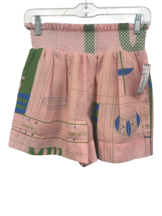Minjukim Size 36 Pink, Green & Blue Polyester Shirred Waist Printed Shorts Pink, Green & Blue / 36