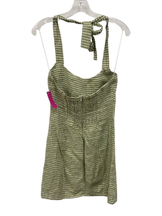 Reformation Size 4 White & Green Linen Gingham Tie Neck Halter Front Slit Dress White & Green / 4