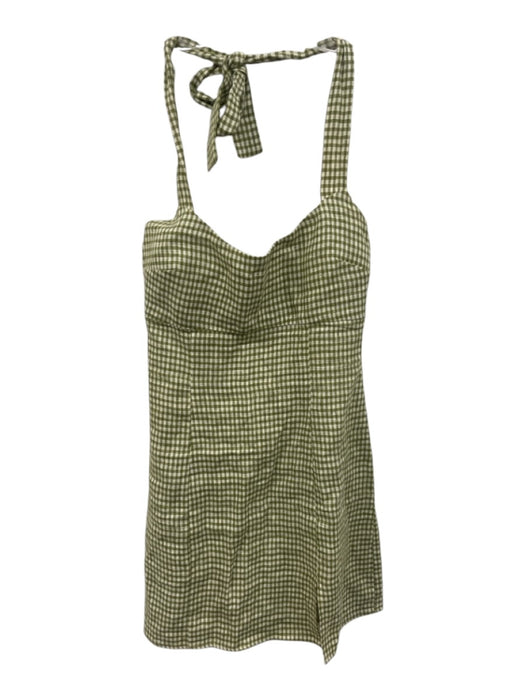 Reformation Size 4 White & Green Linen Gingham Tie Neck Halter Front Slit Dress White & Green / 4