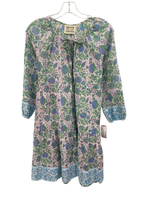 SZ Block Prints Size M White, Green & Blue Cotton Floral 3/4 Sleeve Dress White, Green & Blue / M