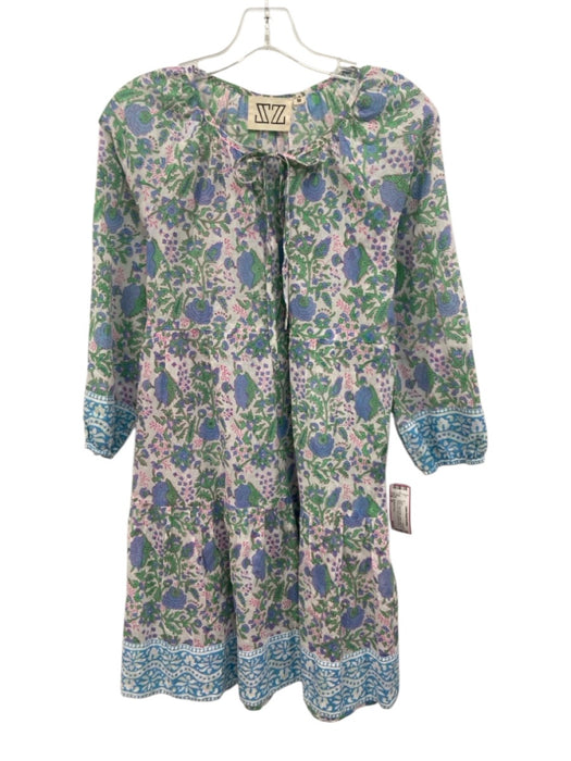 SZ Block Prints Size M White, Green & Blue Cotton Floral 3/4 Sleeve Dress White, Green & Blue / M