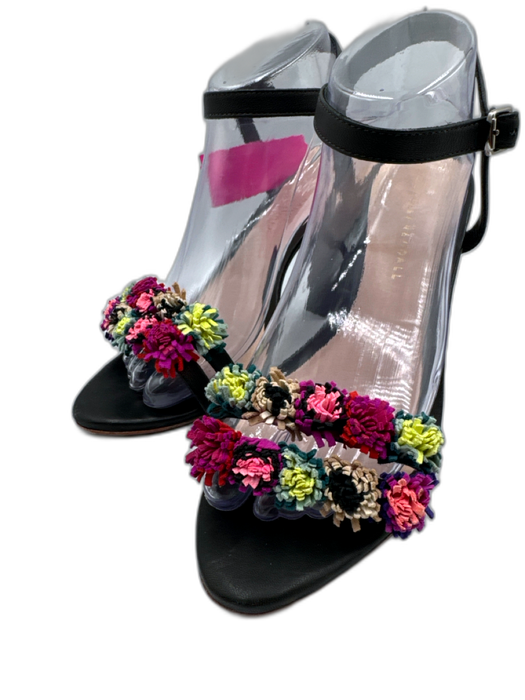 Loeffler Randall Shoe Size 8.5 Black & Multi Leather Upper Floral Fringe Sandals Black & Multi / 8.5