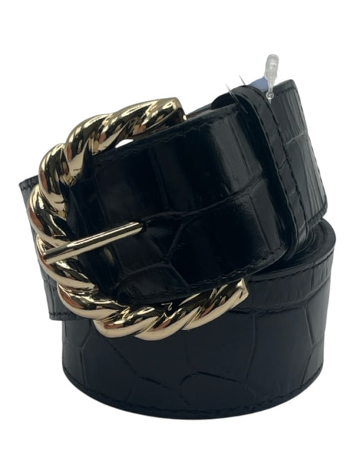 & Other Stories Black Leather Gold Tone Hardware Croc Embossed Twist Belts Black / M