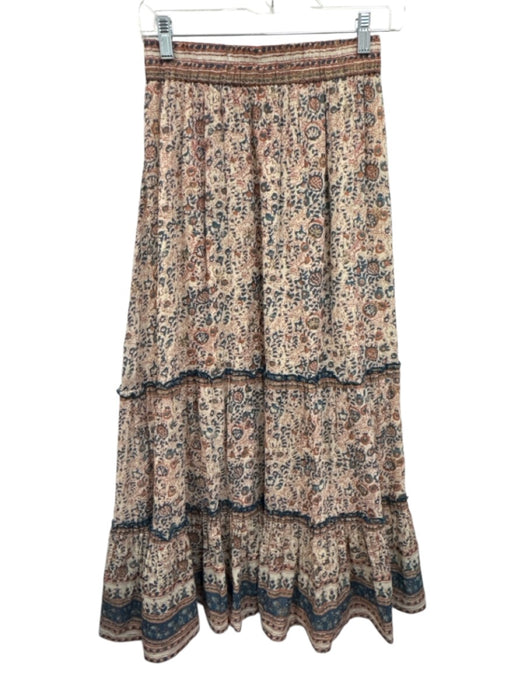 M.A.B.E Size S Cream, Blue, Orange Cotton Ruffle Floral Elastic Waist Maxi Skirt Cream, Blue, Orange / S