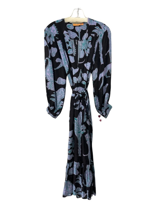 Oliphant Size S Black, Purple, Teal Viscose Long Sleeve Abstract Floral Dress Black, Purple, Teal / S