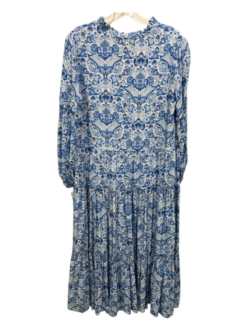 NicoBlu Size Small Blue & White Viscose Long Sleeve Toile V Neck Dress Blue & White / Small