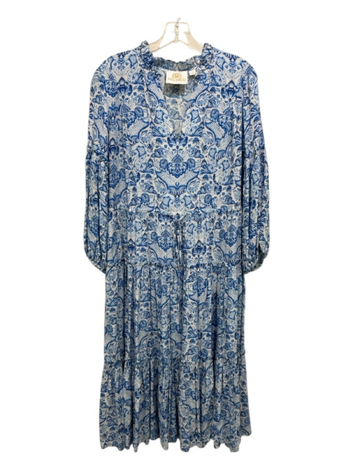 NicoBlu Size Small Blue & White Viscose Long Sleeve Toile V Neck Dress Blue & White / Small