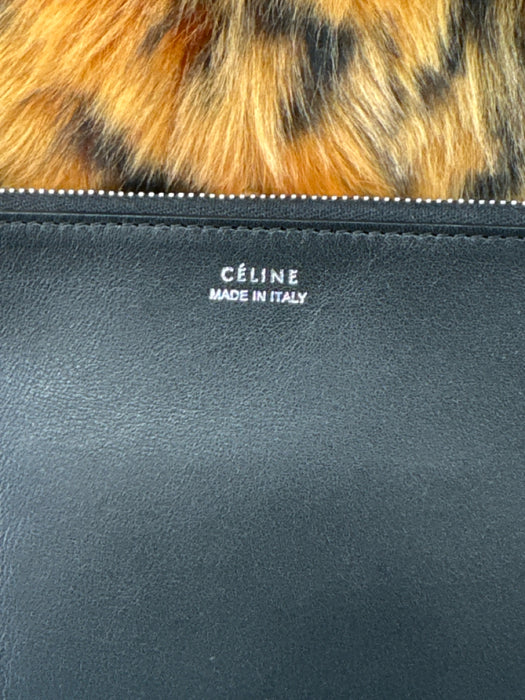 Celine Black & Orange Leather Fur Animal Print Shoulder Bag Tote Bag