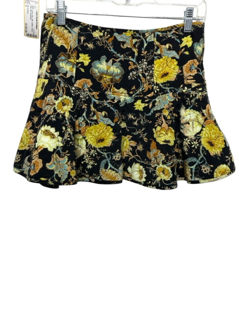 Ulla Johnson Size 4 Black, Yellow, Blue Silk Quilted Floral Flare Mini Skirt Black, Yellow, Blue / 4