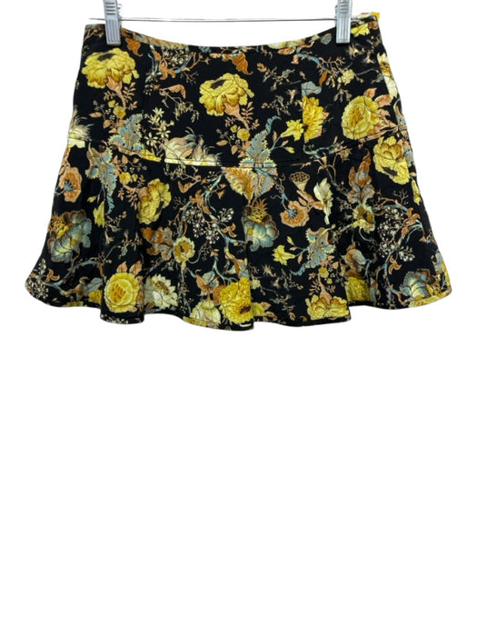 Ulla Johnson Size 4 Black, Yellow, Blue Silk Quilted Floral Flare Mini Skirt Black, Yellow, Blue / 4