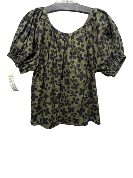 Apiece Apart Size S Olive Green & Black Cotton Flower Puff Sleeve Top Olive Green & Black / S