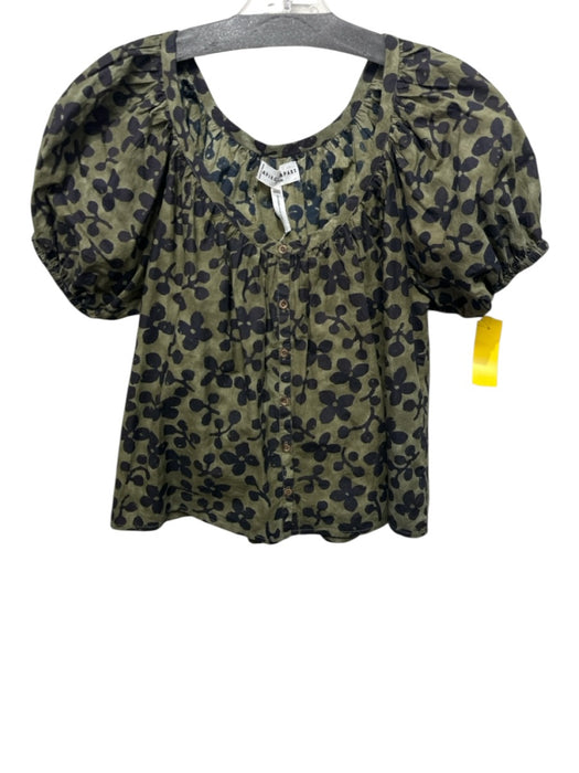 Apiece Apart Size S Olive Green & Black Cotton Flower Puff Sleeve Top Olive Green & Black / S