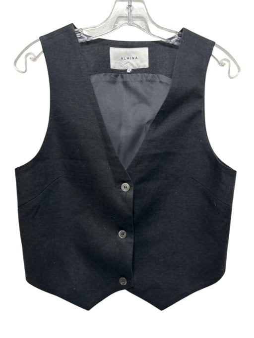 Almina Size S Black Linen Button Front V Neck Vest Top Black / S