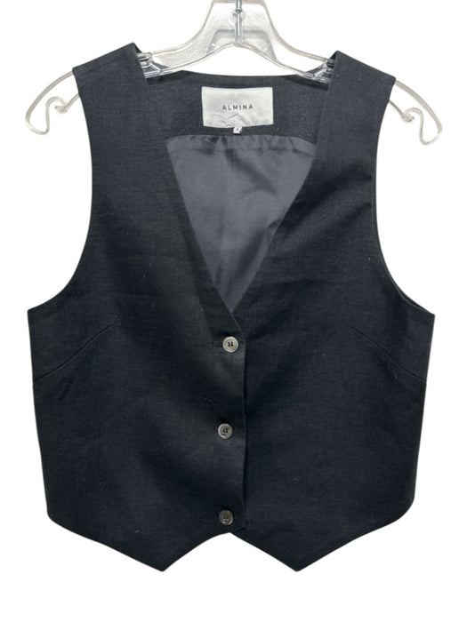 Almina Size S Black Linen Button Front V Neck Vest Top Black / S