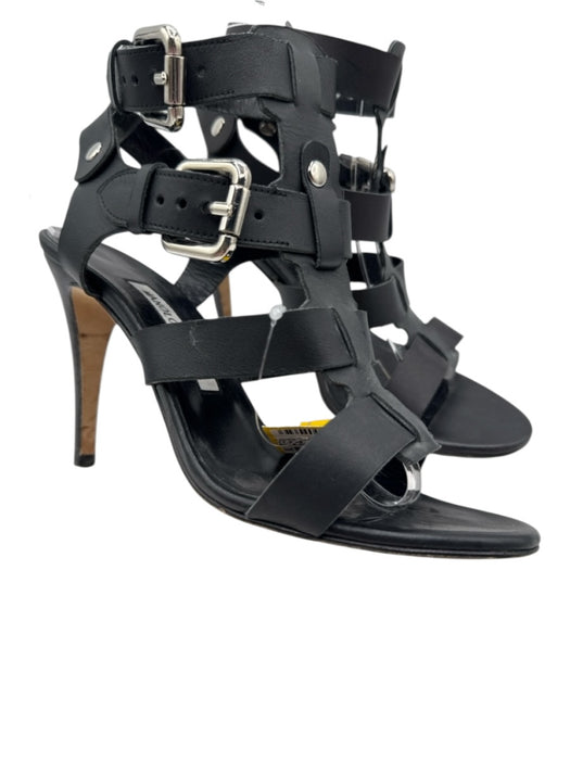 Manolo Blahnik Shoe Size 38 Black Leather cage Buckles Mid Heel Sandals Black / 38