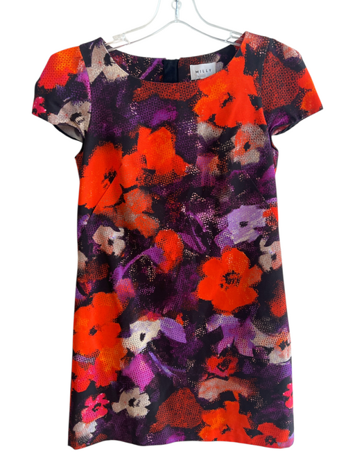 Milly Size 6 Orange Multi Cotton Blend Cap Sleeve Back Zip Round Neck Dress Orange Multi / 6
