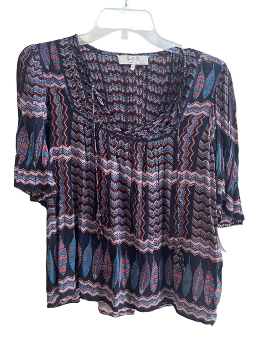 Sea New York Size S Navy Viscose Aztec Tie Front Half Sleeve V Neck Top Navy / S