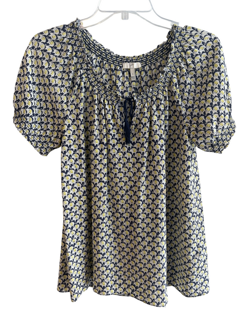 Joie Size S Navy Silk Short Sleeve Front Tie Elephant Elastic Neck Top Navy / S