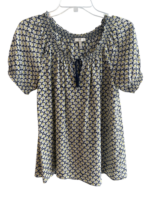 Joie Size S Navy Silk Short Sleeve Front Tie Elephant Elastic Neck Top Navy / S