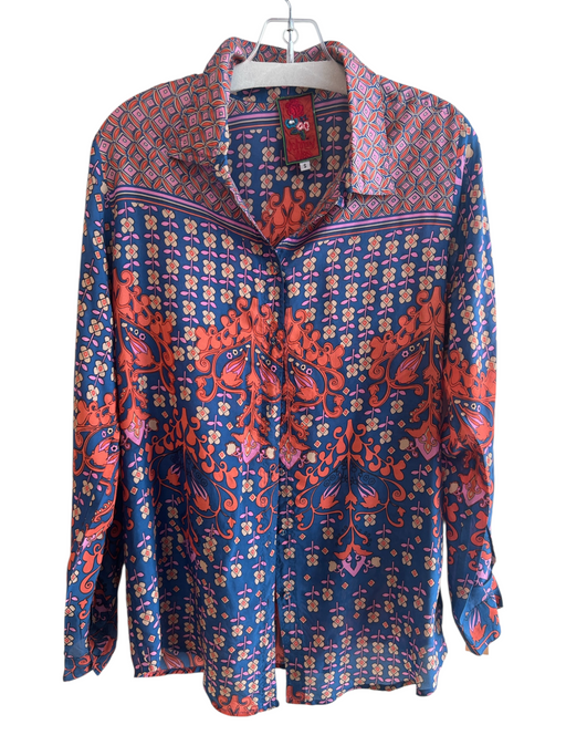 Johnny Was Size S Blue Silk Pattern Long Sleeve Button Up Collar Top Blue / S
