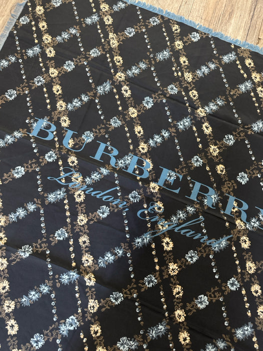 Burberry Black, Cream & Blue Silk Floral Lattice Fringe Hem Logo scarf