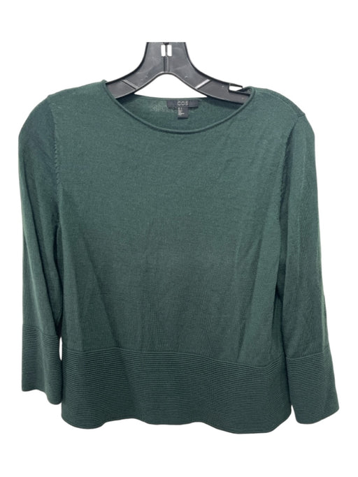 COS Size S Green Wool Round Neck 3/4 Sleeve Ribbed Detail Top Green / S