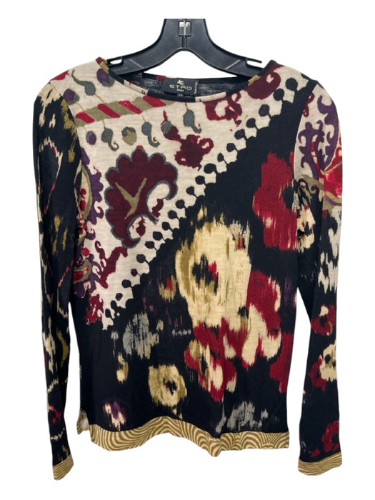 Etro Size 43" Black Red Beige Wool Abstract Long Sleeve Round Neck Top Black Red Beige / 43"